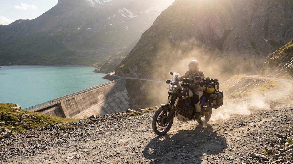 Un motard sur une trail chargée de sacoches soulève la poussière sur une piste de gravier, au-dessus d'un barrage et d'un lac de montagne, en fin de journée.